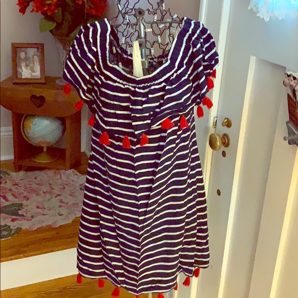 Escapada L top navy & white stripe with red tassel